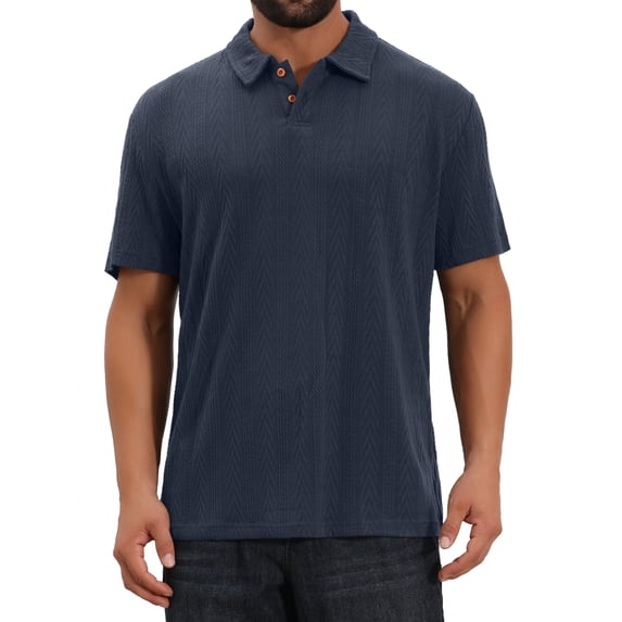 INSPIRE CHIC Men's Jacquard Texture Short Sleeve Button Down Collared Business Polo Shirt XL Dark Blue