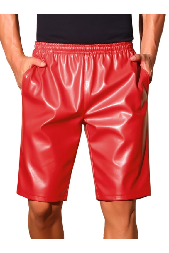 Men's Knee Length Elastic Waist Faux Leather Casual PU Shorts 34 Red