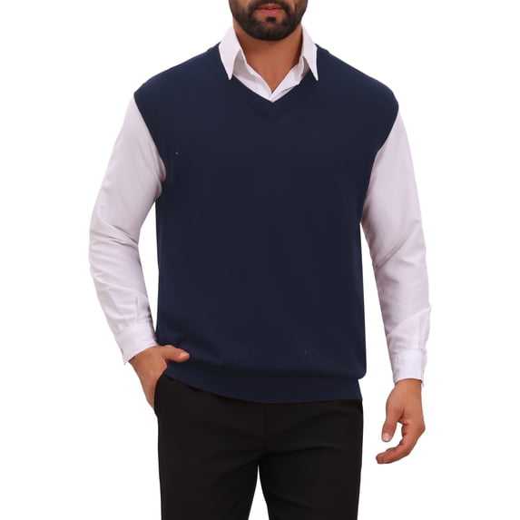 INSPIRE CHIC Men's Sweater Vest V Neck Solid Color Knit Sleeveless Top M Navy Blue