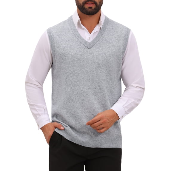 INSPIRE CHIC Men's Sweater Vest V Neck Solid Color Knit Sleeveless Top XL Light Gray