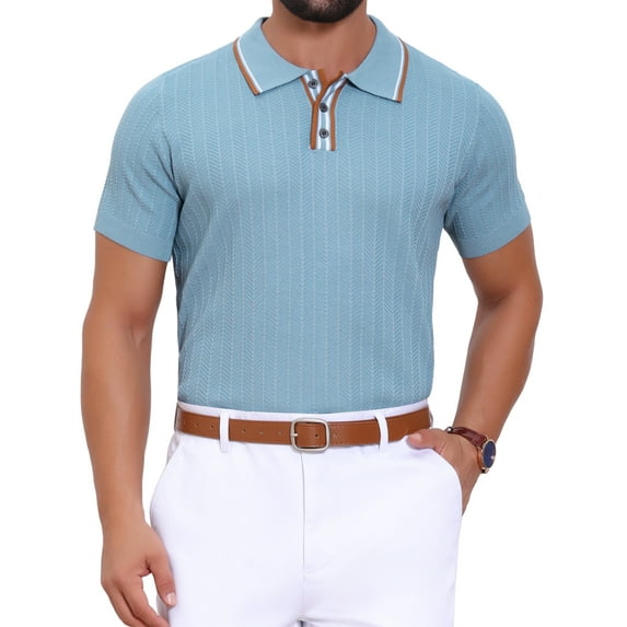 INSPIRE CHIC Men's Knitted Polo Shirt Ribbed Hem Short Sleeve Textured Shirts M Light Blue