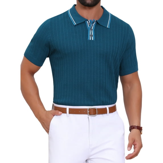 INSPIRE CHIC Men's Knitted Polo Shirt Ribbed Hem Short Sleeve Textured Shirts M Royal Blue