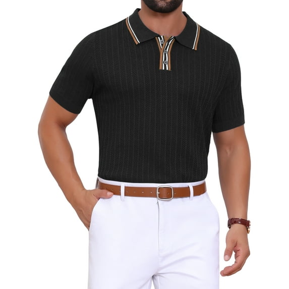 INSPIRE CHIC Men's Knitted Polo Shirt Ribbed Hem Short Sleeve Textured Shirts XL Black