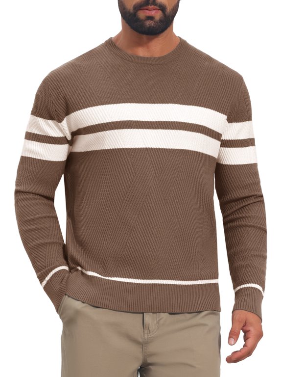 Men's Knitted Sweater Crewneck Pullover Casual Striped Sweaters S Brown