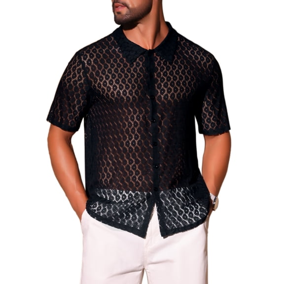 INSPIRE CHIC Men's Lace Hollow See Through Button Down Short Sleeve Disco Sheer Shirt XL Black