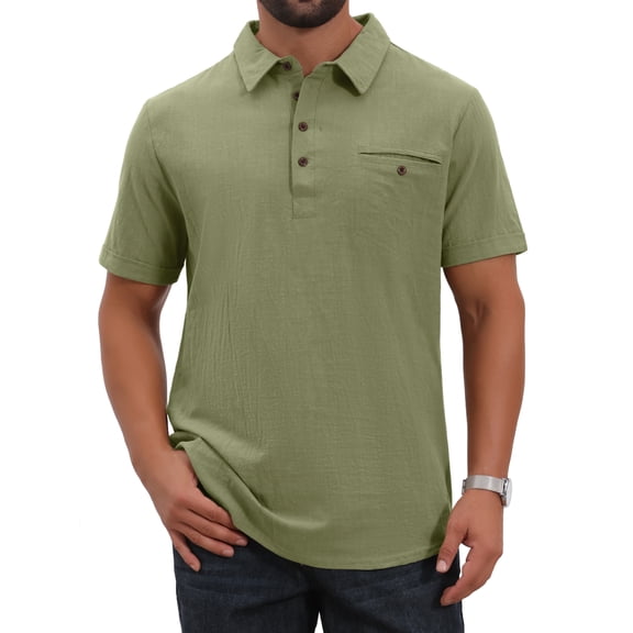 INSPIRE CHIC Men's Linen Chest Pocket Short Sleeve Casual Hawaiian Beach Polo Shirts M Olive Green