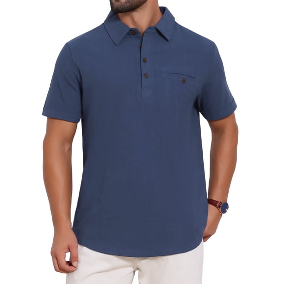 INSPIRE CHIC Men's Linen Chest Pocket Short Sleeve Casual Hawaiian Beach Polo Shirts XL Dark Blue