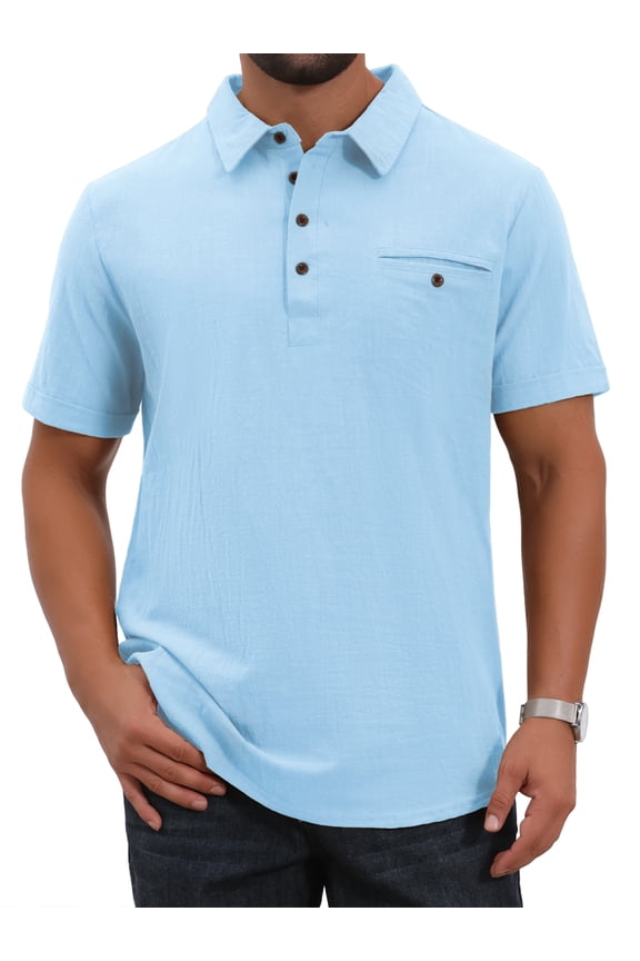 Men's Linen Chest Pocket Short Sleeve Casual Hawaiian Beach Polo Shirts XL Light Blue
