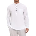 thumbnail image 1 of INSPIRE CHIC Men's Cotton Linen Henley Shirts Long Sleeve Band Collar Casual Top 2XL White, 1 of 6