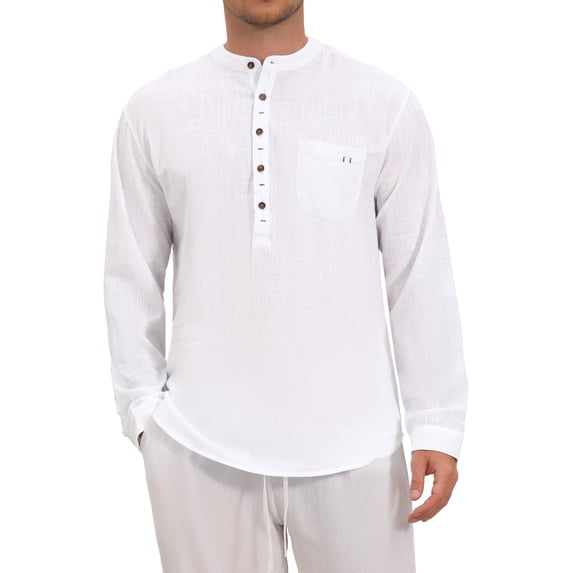 INSPIRE CHIC Men's Cotton Linen Henley Shirts Long Sleeve Band Collar Casual Top 2XL White