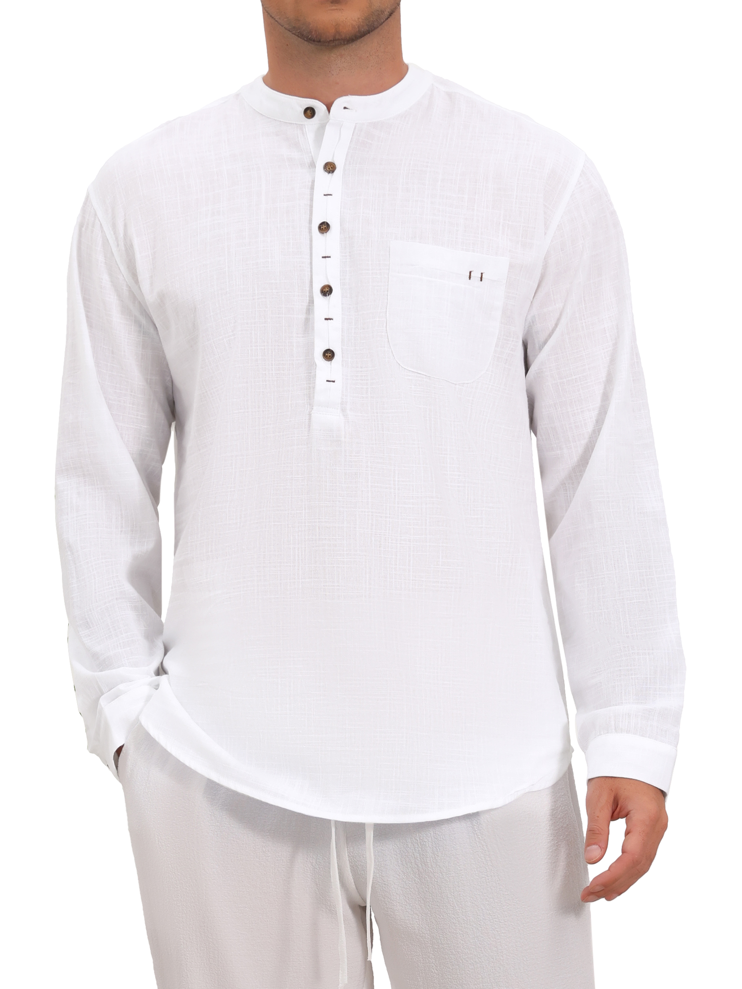INSPIRE CHIC Men's Cotton Linen Henley Shirts Long Sleeve Band Collar Casual Top M White