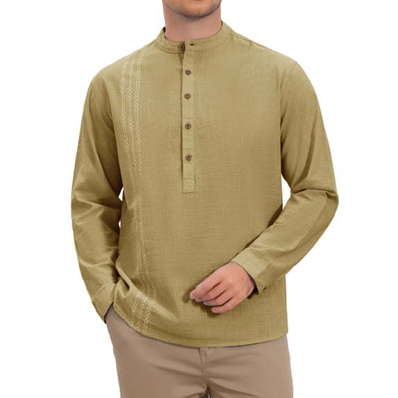 INSPIRE CHIC Men's Henley Shirt Long Sleeve Band Collar Button Placket Casual Top M Khaki