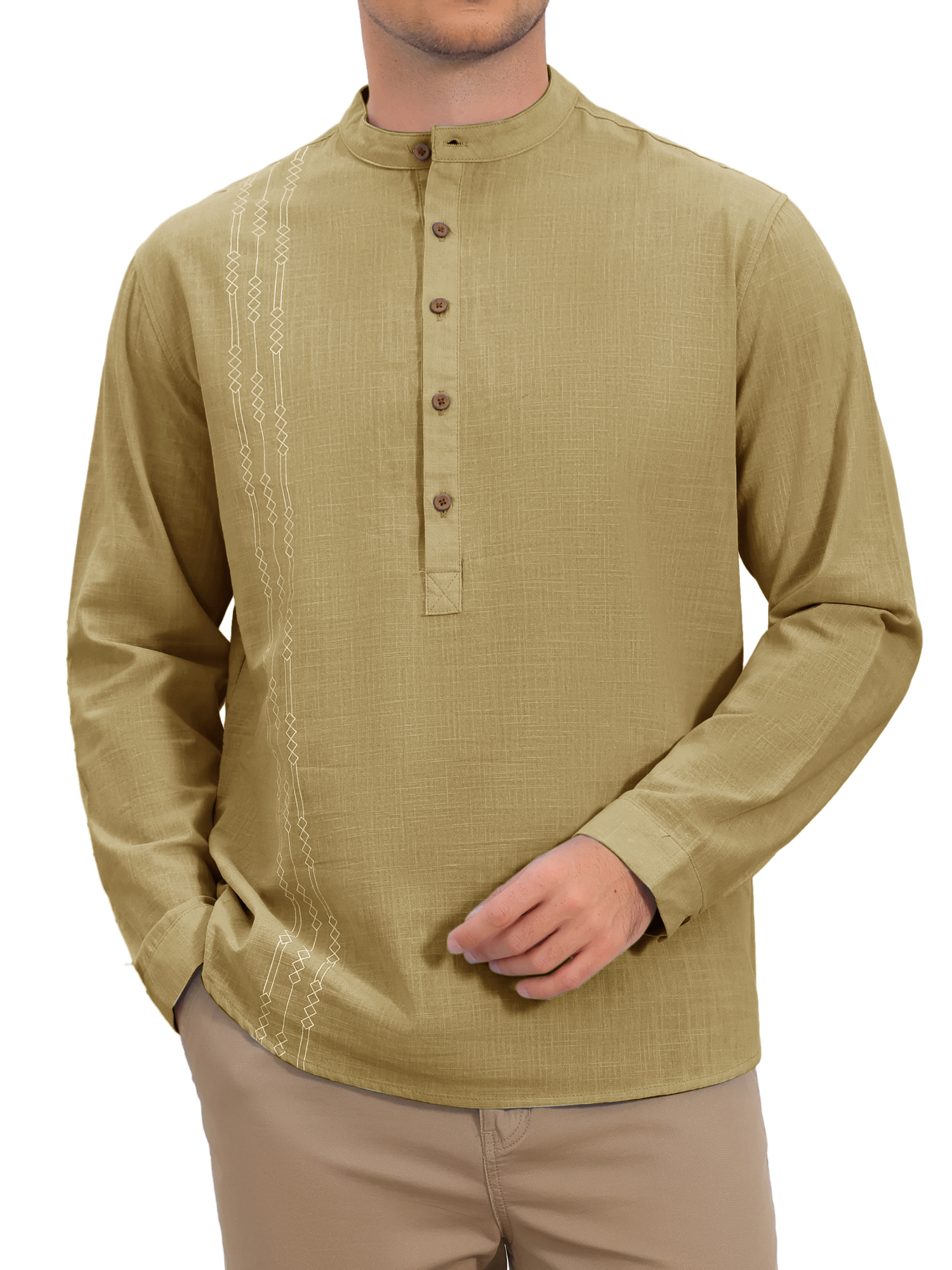 INSPIRE CHIC Men's Henley Shirt Long Sleeve Band Collar Button Placket Casual Top M Khaki