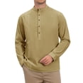 thumbnail image 1 of INSPIRE CHIC Men's Henley Shirt Long Sleeve Band Collar Button Placket Casual Top S Khaki, 1 of 5