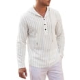 thumbnail image 1 of INSPIRE CHIC Men's Linen Hoodie Long Sleeve Button Striped Henley Shirts with Hood L White, 1 of 6
