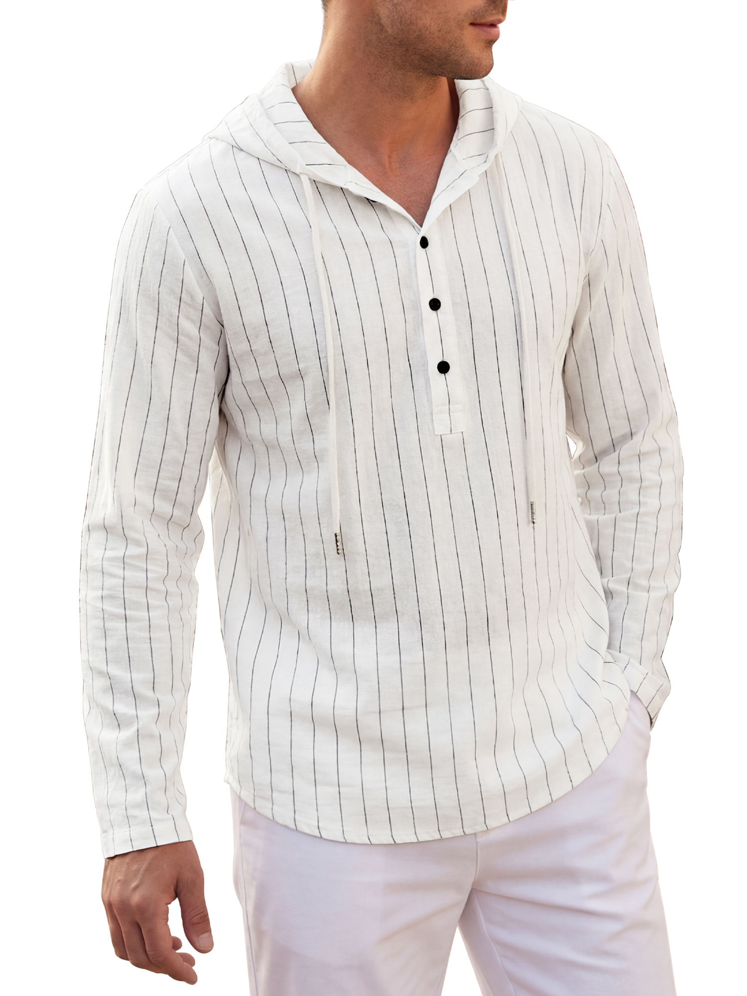 INSPIRE CHIC Men's Linen Hoodie Long Sleeve Button Striped Henley Shirts with Hood S White