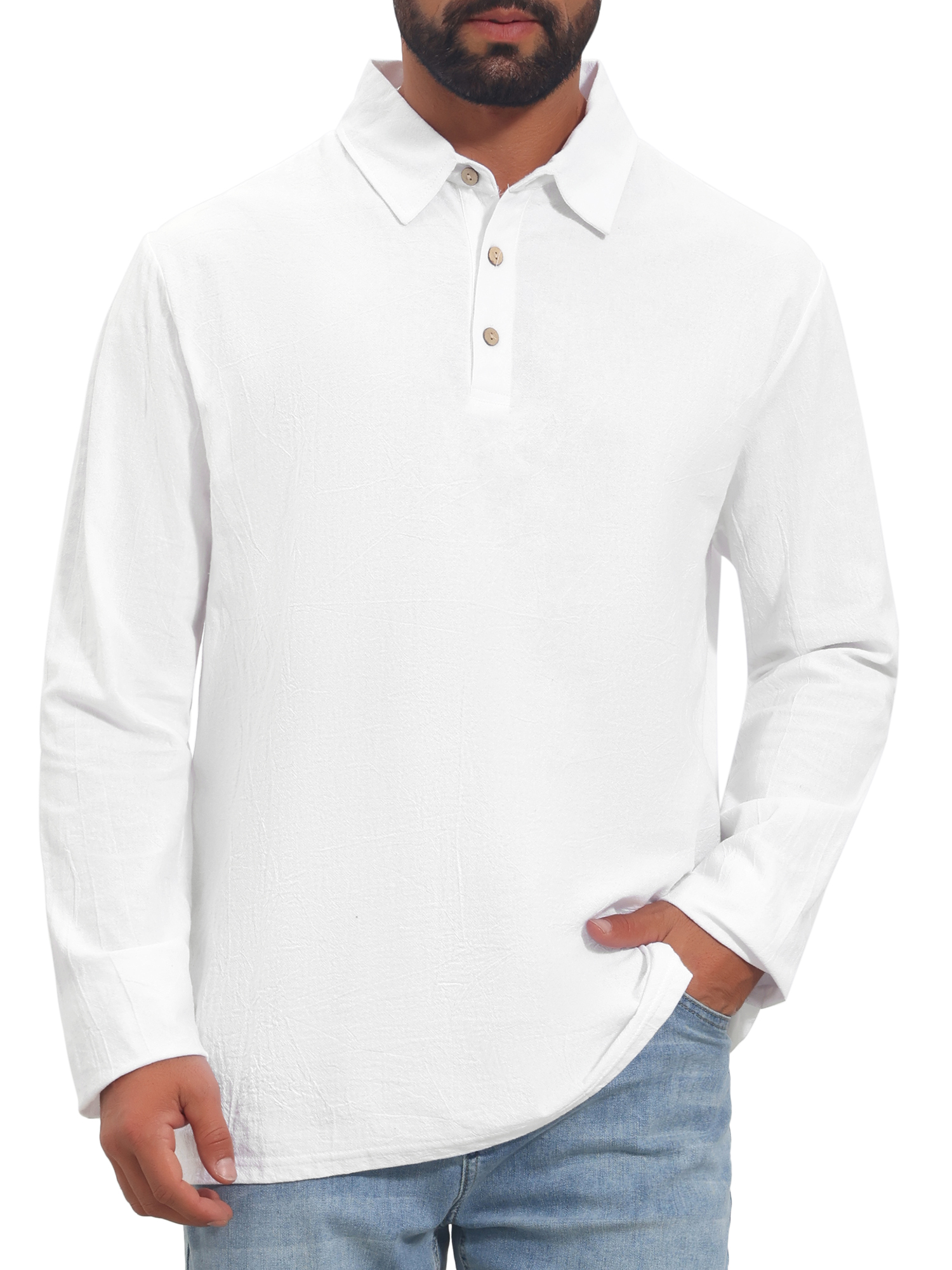 INSPIRE CHIC Men's Polo Shirt Long Sleeve Solid Color 3-Button Casual Shirt M White