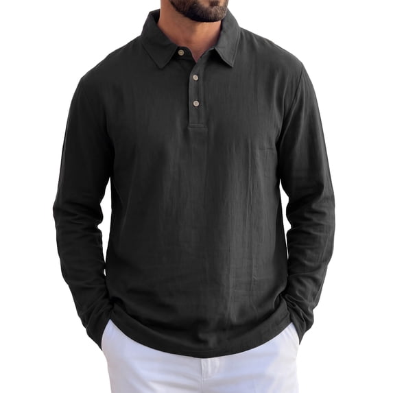 INSPIRE CHIC Men's Linen Polo Shirt Long Sleeve Casual Lightweight Breathable Button Down Golf Shirts S Black