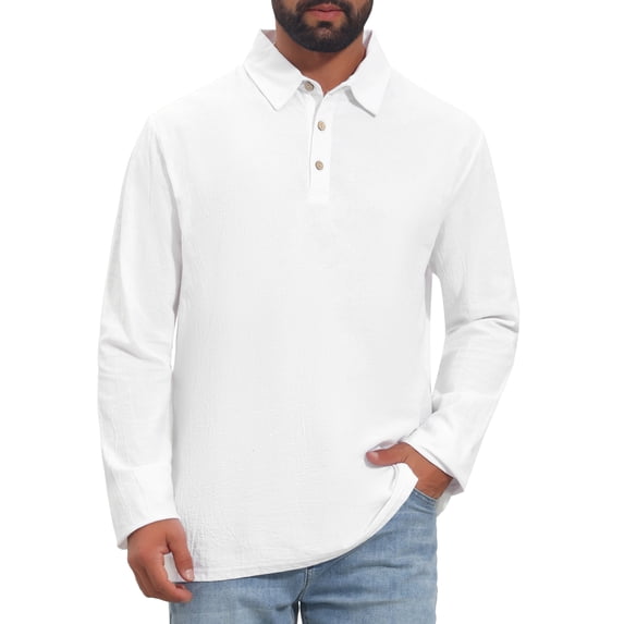 INSPIRE CHIC Men's Polo Shirt Long Sleeve Solid Color 3-Button Casual Shirt S White