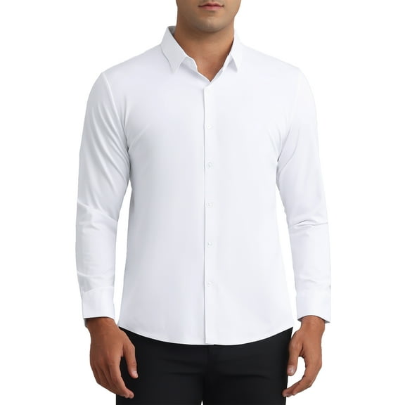 INSPIRE CHIC Men's Long Sleeve Button Down Solid Color Business Formal Dress Shirt L White
