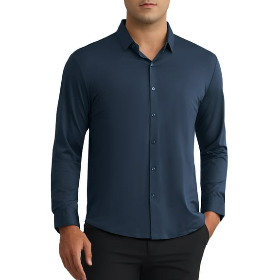 INSPIRE CHIC Men's Long Sleeve Button Down Solid Color Business Formal Dress Shirt S Dark Blue