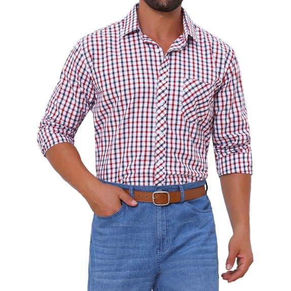 INSPIRE CHIC Men's Long Sleeve Checked Dress Shirt Point Collar Button Plaid Shirt S Red Blue