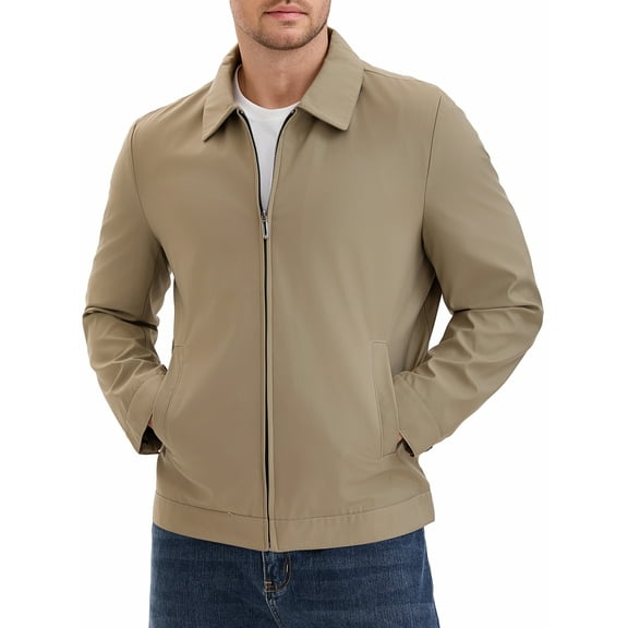 INSPIRE CHIC Men's Long Sleeve Lapel Full Zip Up Solid Color Casual Lined Jacket S Khaki
