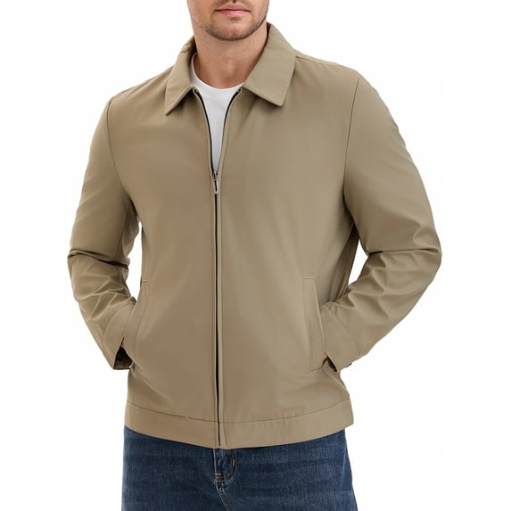 INSPIRE CHIC Men's Long Sleeve Lapel Full Zip Up Solid Color Casual Lined Jacket S Khaki