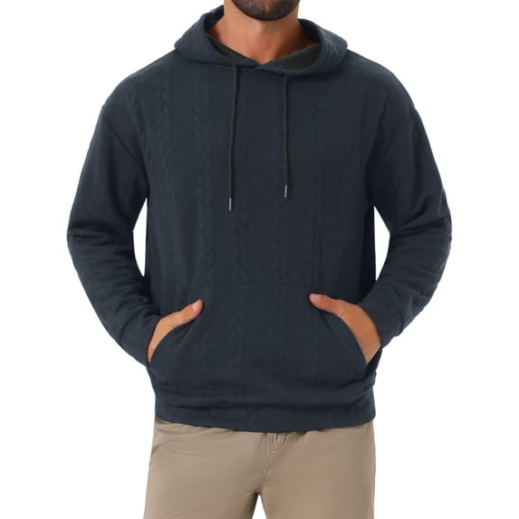 INSPIRE CHIC Men's Long Sleeve Pockets Drawstring Jacquard Pullover Hooded Sweatshirts M Navy Blue