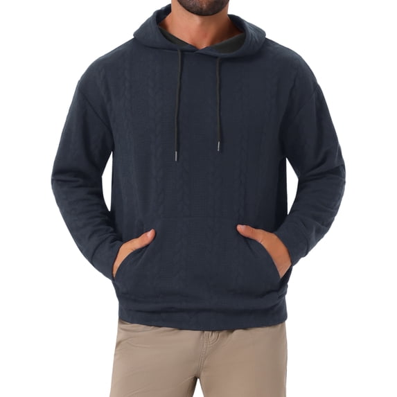 INSPIRE CHIC Men's Long Sleeve Pockets Drawstring Jacquard Pullover Hooded Sweatshirts S Navy Blue