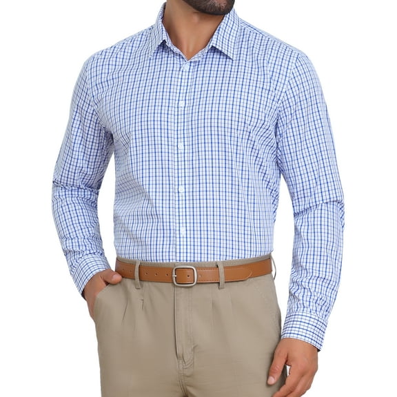 INSPIRE CHIC Men's Long Sleeve Business Plaid Pattern Dress Shirts L Blue Gray