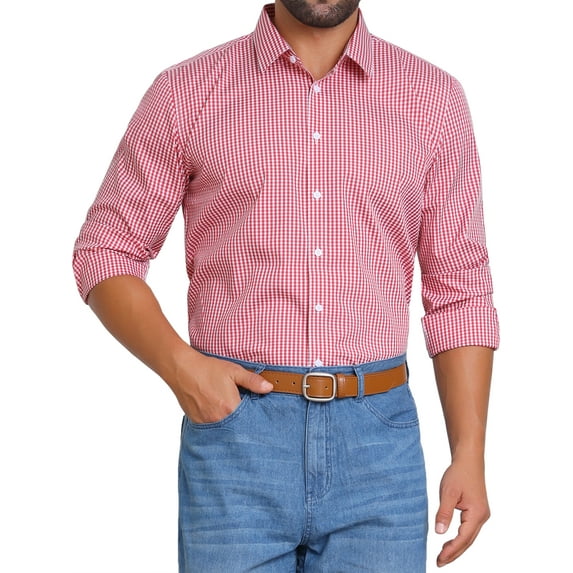 INSPIRE CHIC Men's Long Sleeve Business Plaid Pattern Dress Shirts L Red