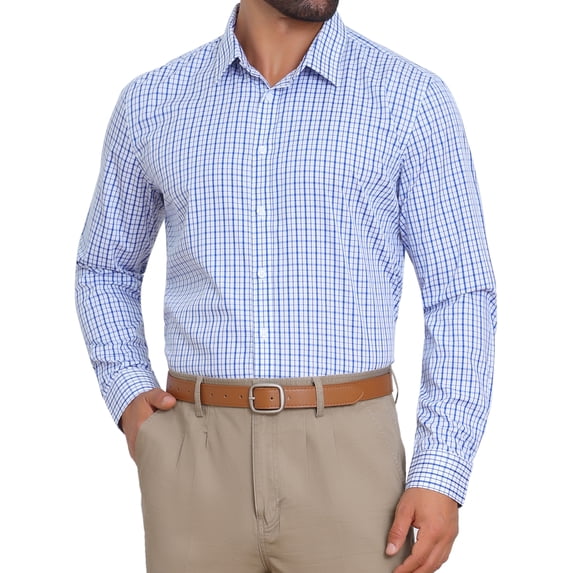 INSPIRE CHIC Men's Long Sleeve Business Plaid Pattern Dress Shirts S Blue Gray