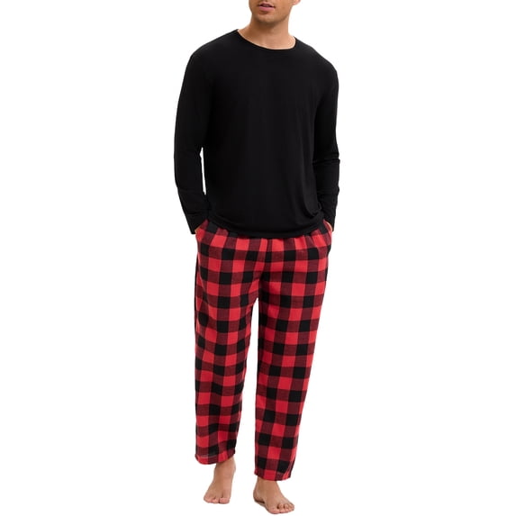 INSPIRE CHIC Men's Long Sleeve Solid Color Nightwear Casual Plaid Pattern Pajamas Set 2 Pieces S Black Red