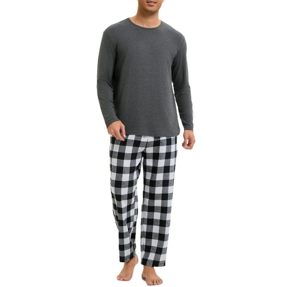 INSPIRE CHIC Men's Long Sleeve Solid Color Nightwear Casual Plaid Pattern Pajamas Set 2 Pieces S Black White