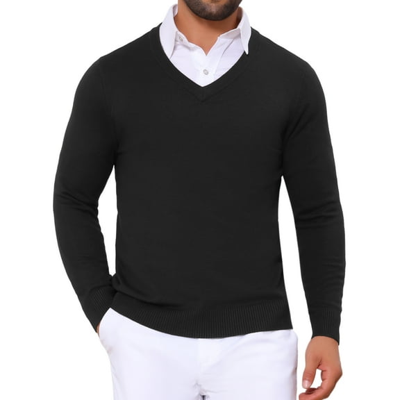 INSPIRE CHIC Men's Long Sleeve V-Neck Solid Color Knitted Pullover Sweater M Black