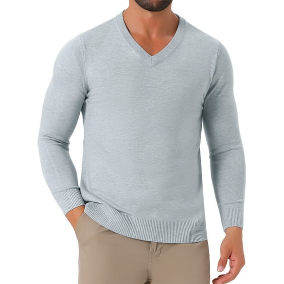 INSPIRE CHIC Men's Long Sleeve V-Neck Solid Color Knitted Pullover Sweater XL Light Gray
