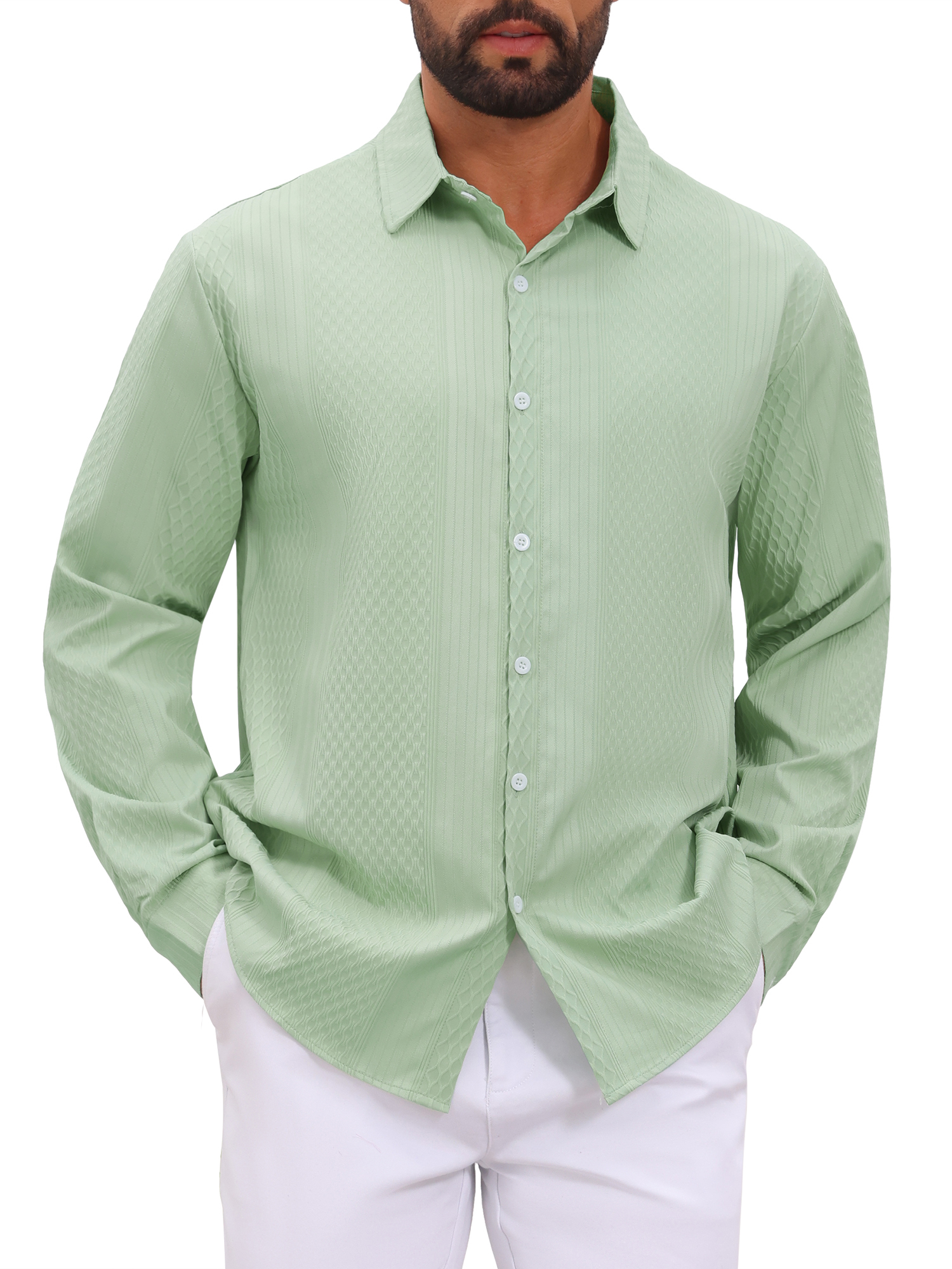 INSPIRE CHIC Men's Long Sleeves Button Down Solid Color Jacquard Textured Shirts L Green