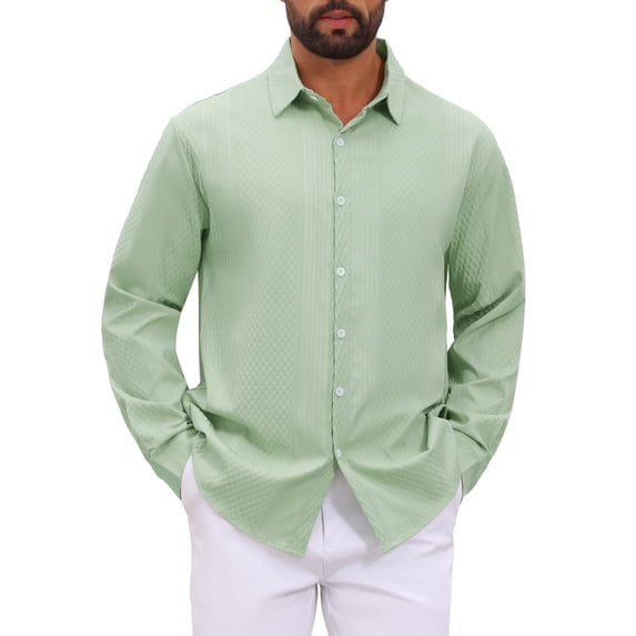 INSPIRE CHIC Men's Long Sleeves Button Down Solid Color Jacquard Textured Shirts S Green