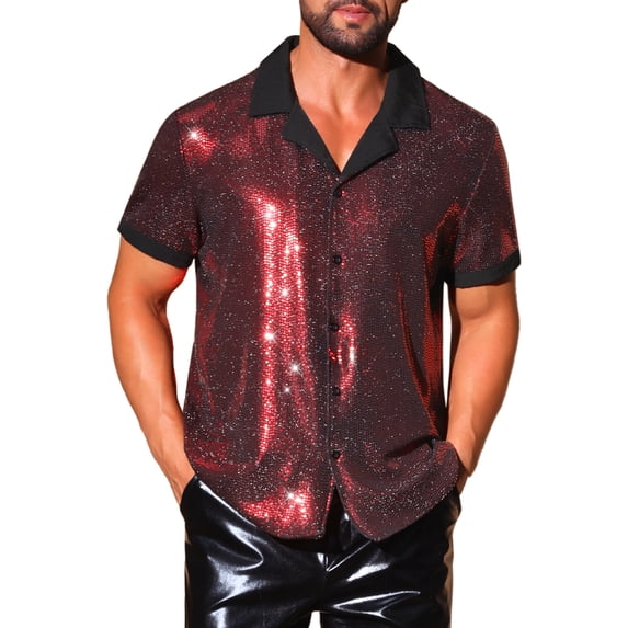 INSPIRE CHIC Men's Metallic Sequins Camp Collar Button Down Short Sleeve Shiny Shirt L Red