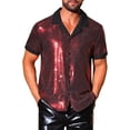 thumbnail image 1 of INSPIRE CHIC Men's Metallic Sequins Camp Collar Button Down Short Sleeve Shiny Shirt M Red, 1 of 5