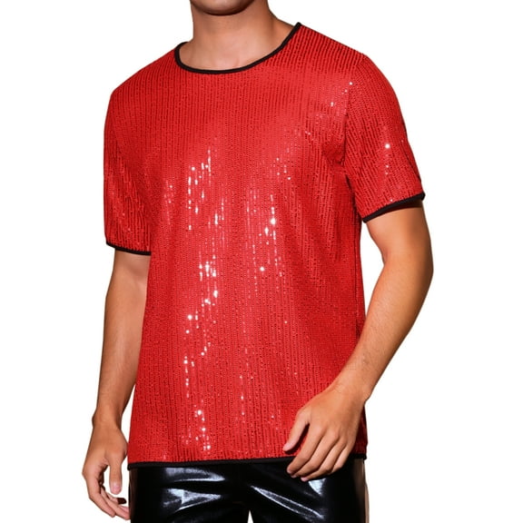 INSPIRE CHIC Men's Metallic Short Sleeved Club Rave Party Sequins Sparkly T-Shirt S Red