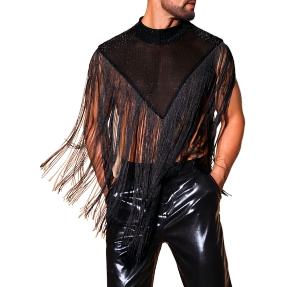INSPIRE CHIC Men's Mock Collar Sleeveless Patchwork Sequins Fringe Vest M Black