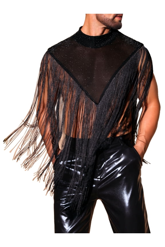 Men's Mock Collar Sleeveless Patchwork Sequins Fringe Vest M Black