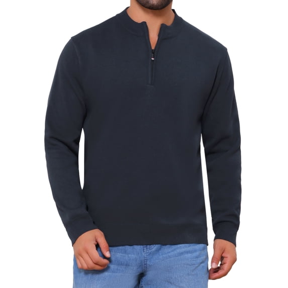 INSPIRE CHIC Men's Mock Neck Pullover Sweater Solid Color Quarter Zip Knitted Polo Sweater L Dark Blue