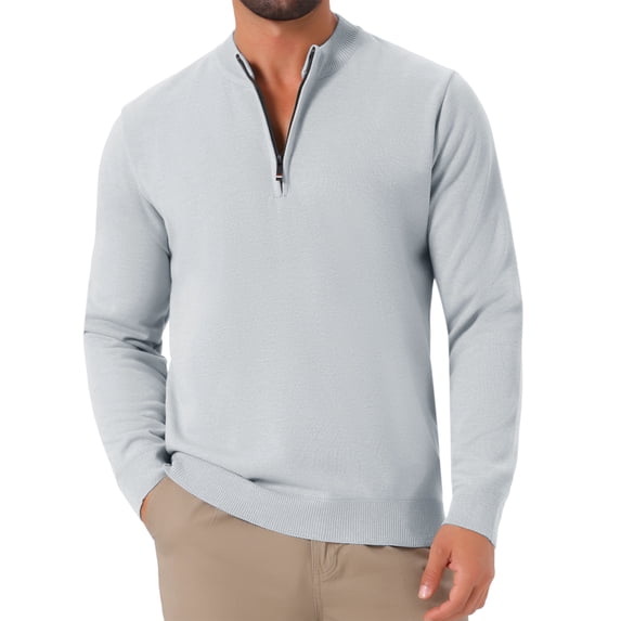 INSPIRE CHIC Men's Mock Neck Pullover Sweater Solid Color Quarter Zip Knitted Polo Sweater L Light Gray