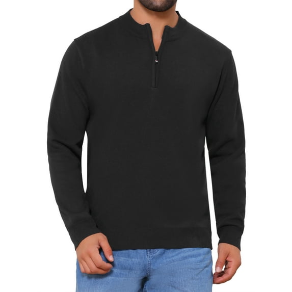INSPIRE CHIC Men's Mock Neck Pullover Sweater Solid Color Quarter Zip Knitted Polo Sweater S Black