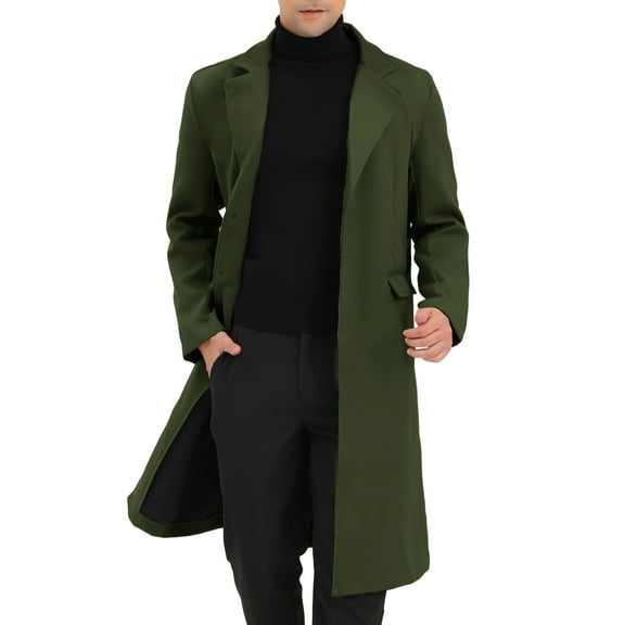 INSPIRE CHIC Men's Coats Single Breasted Lapel Collar Long Sleeve Back Slit Outerwear Coat M Dark Green