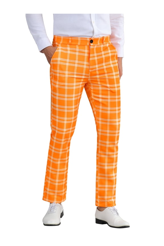 Men's Pant Checked Prom Formal Regular Fit Suit Pant 28 Orange