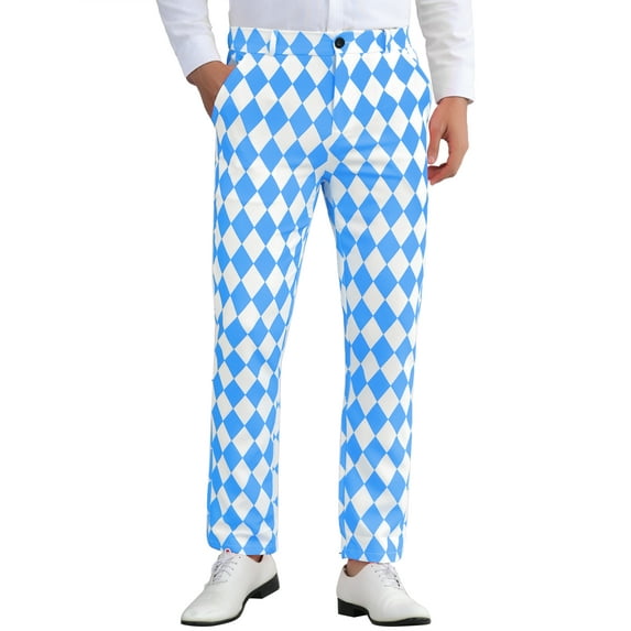 INSPIRE CHIC Men's Pant Diamond Plaid Pattern Regular Fit Color Block Suit Trousers 28 Light Blue